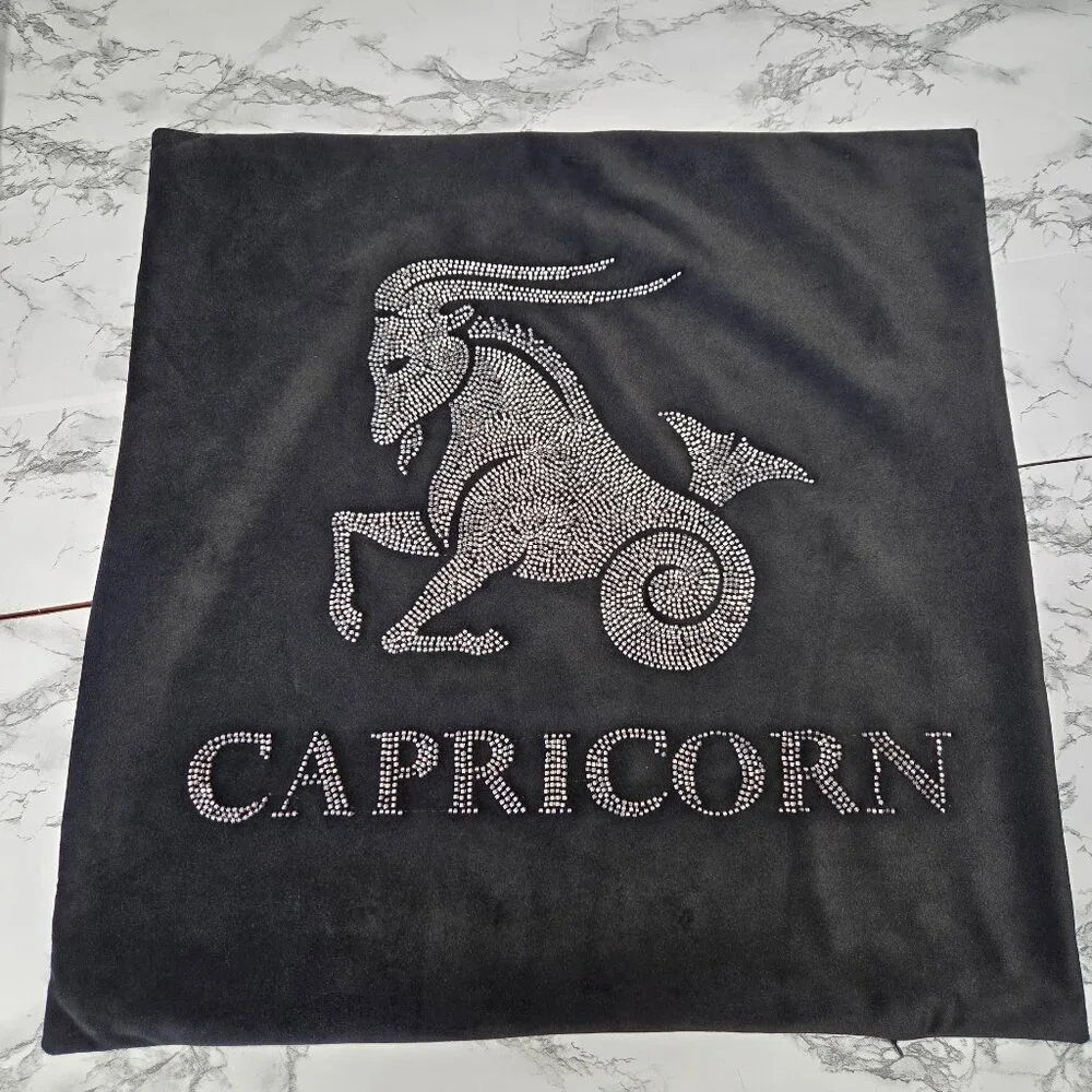 Capricorn Black Velvet Beaded Rhinestone Zipper Decorative Throw Pillow Cover